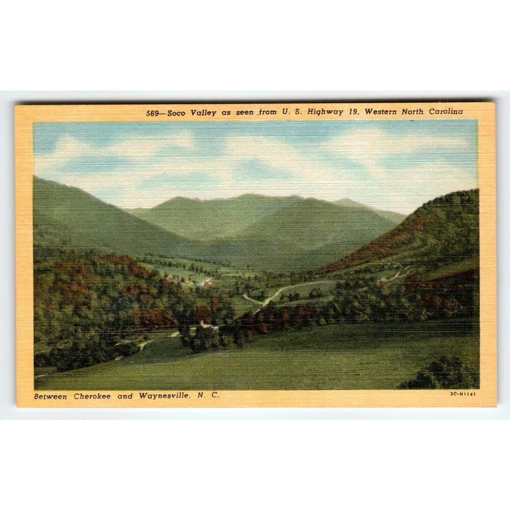 Vintage Linen Postcard 569 Soco Valley U.S. Hwy 19 Cherokee Waynesville NC CT